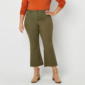 Frye And Co Flared Leg Jeans Women 24W Olive Green Raw Hem Button Fly Stretc NEW